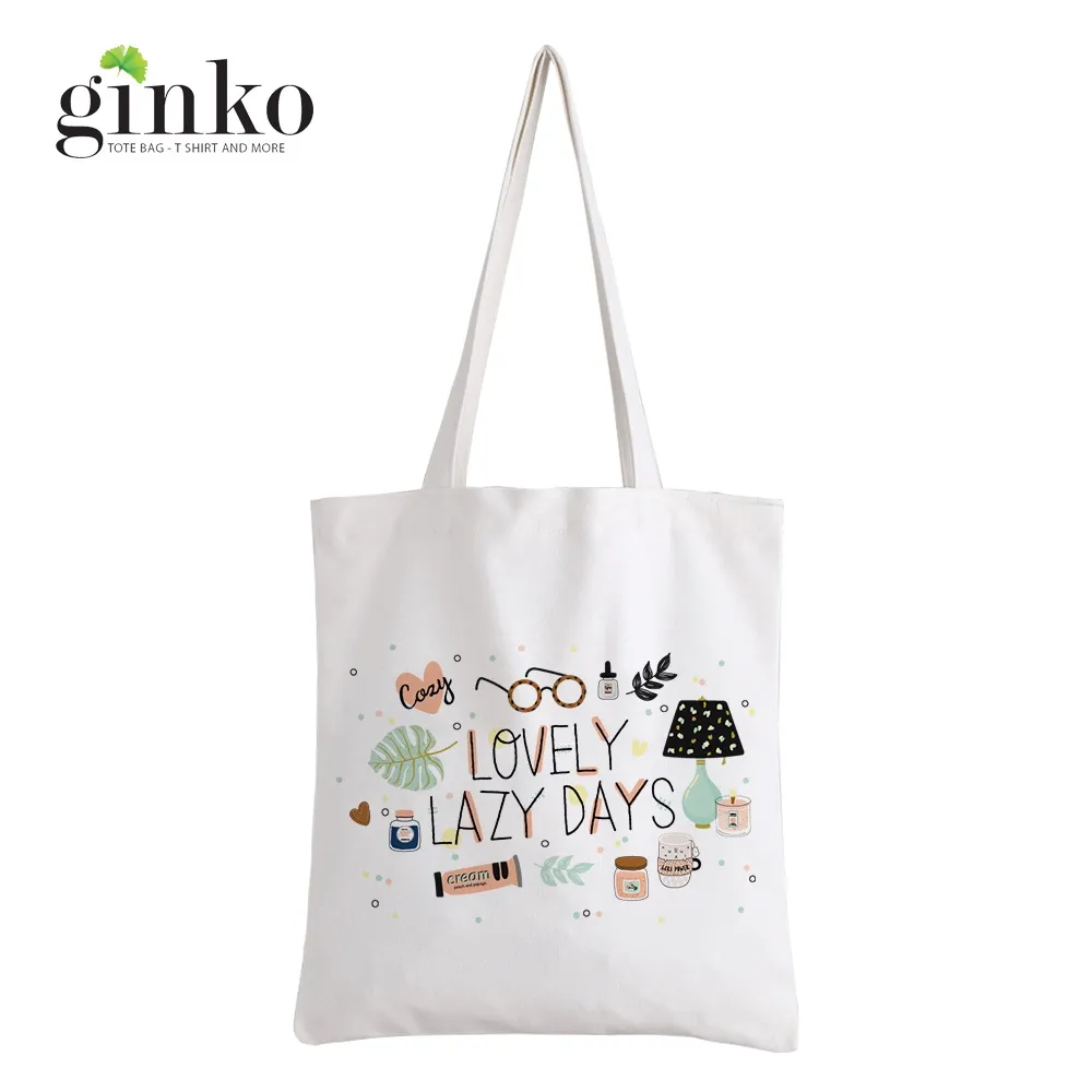 Ảnh Túi Vải Tote GINKO Kiểu Basic có dây kéo khóa (có túi con bên trong) In Hình love lazy day G179 1