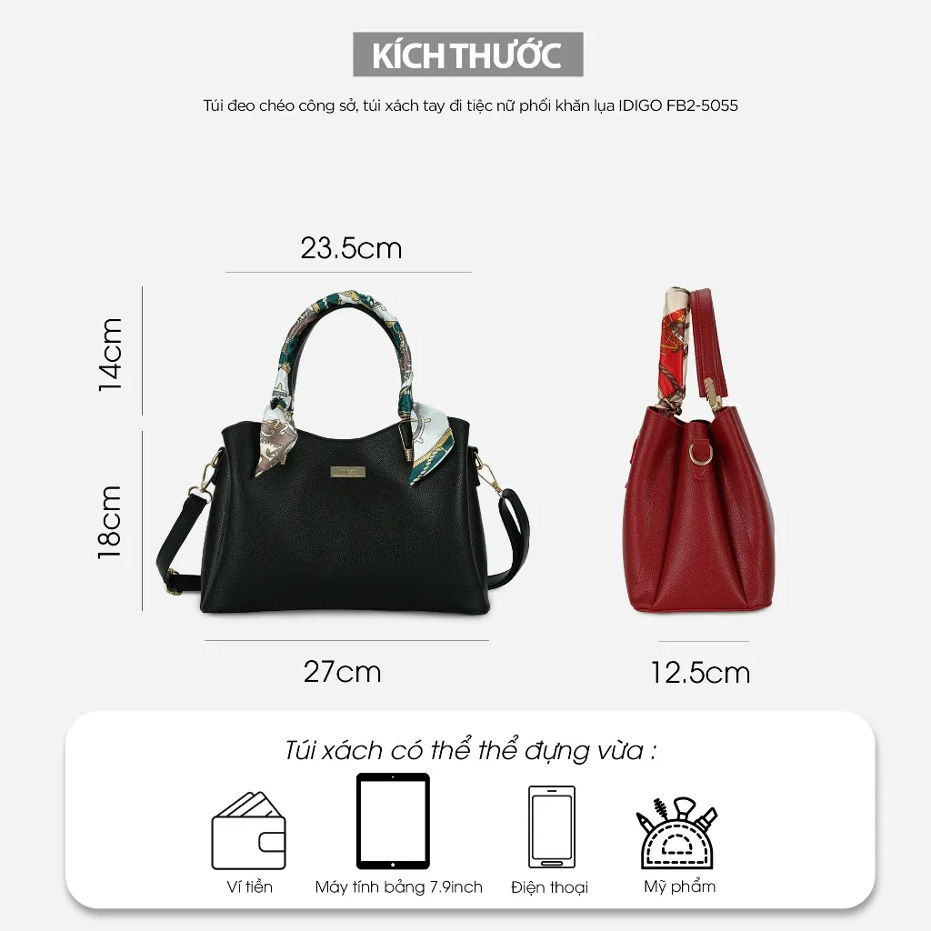 Ảnh Túi Xách Nữ Công Sở Sang Chảnh IDIGO FB2-5055, Túi Đeo Chéo Thời Trang Phối Khăn Lụa Đi Tiệc Cao Cấp 2