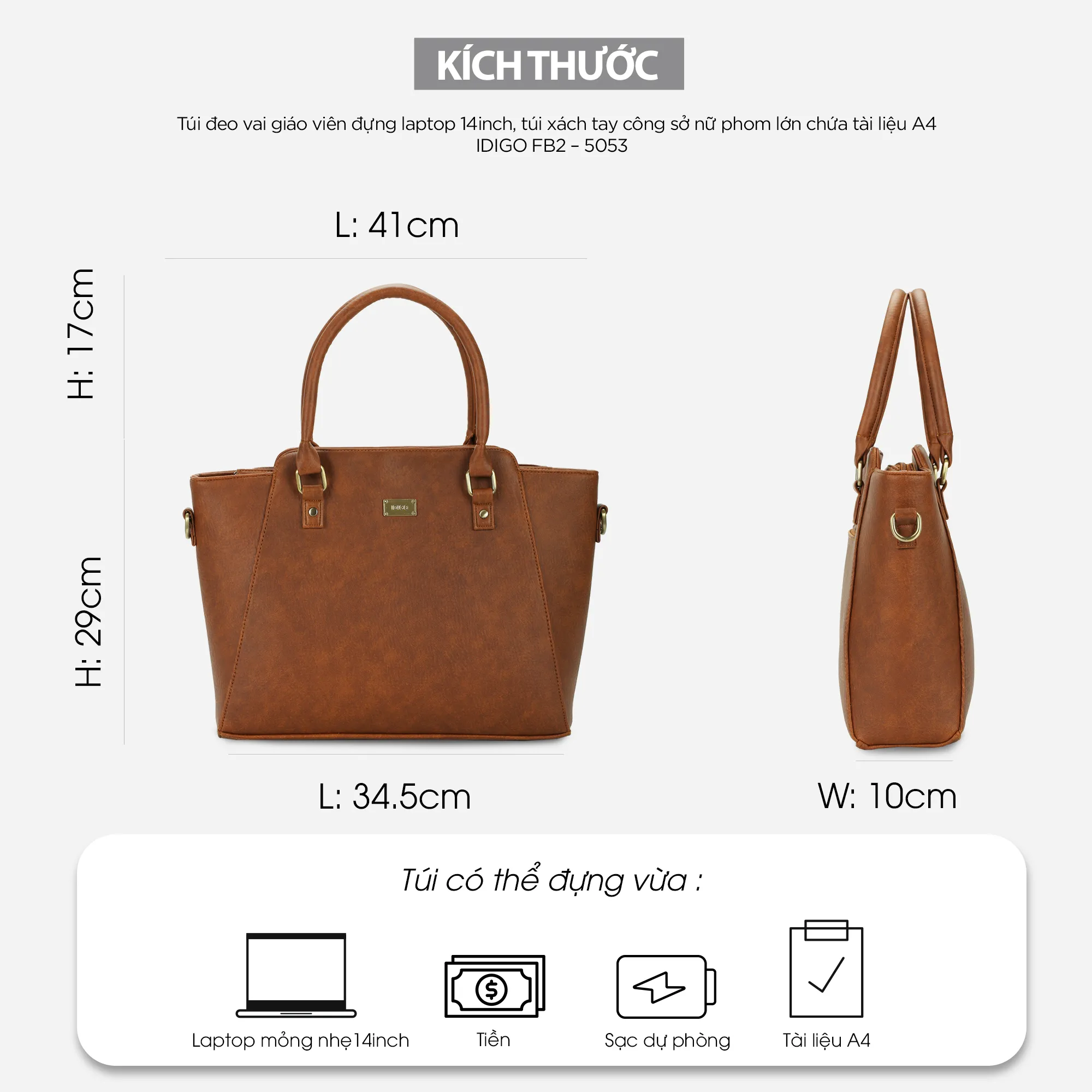 Ảnh Túi xách tay công sở nữ laptop 14inch, tài liệu A4 IDIGO FB2 - 5053 2