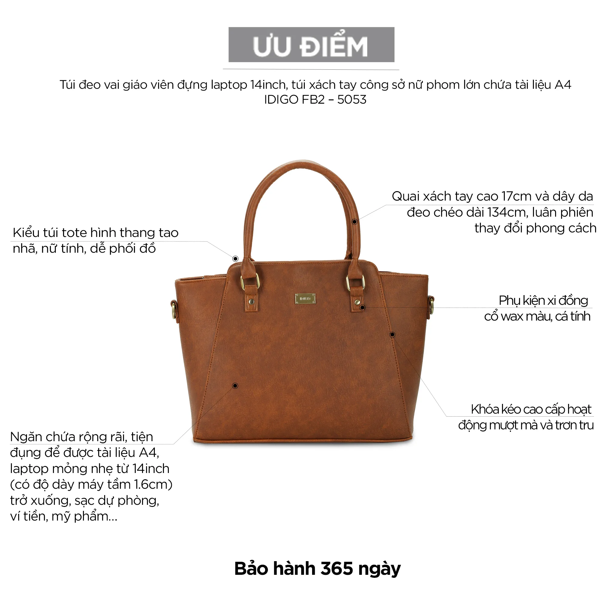 Ảnh Túi xách tay công sở nữ laptop 14inch, tài liệu A4 IDIGO FB2 - 5053 4