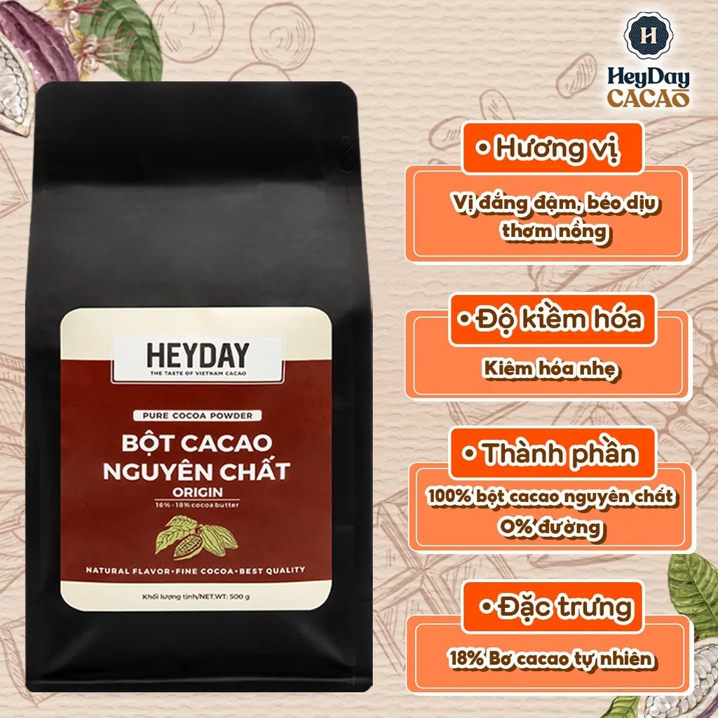 Ảnh Túi zip 500g Bột cacao nguyên chất Việt Nam 100% không đường Heyday - Dòng Origin thượng hạng 4