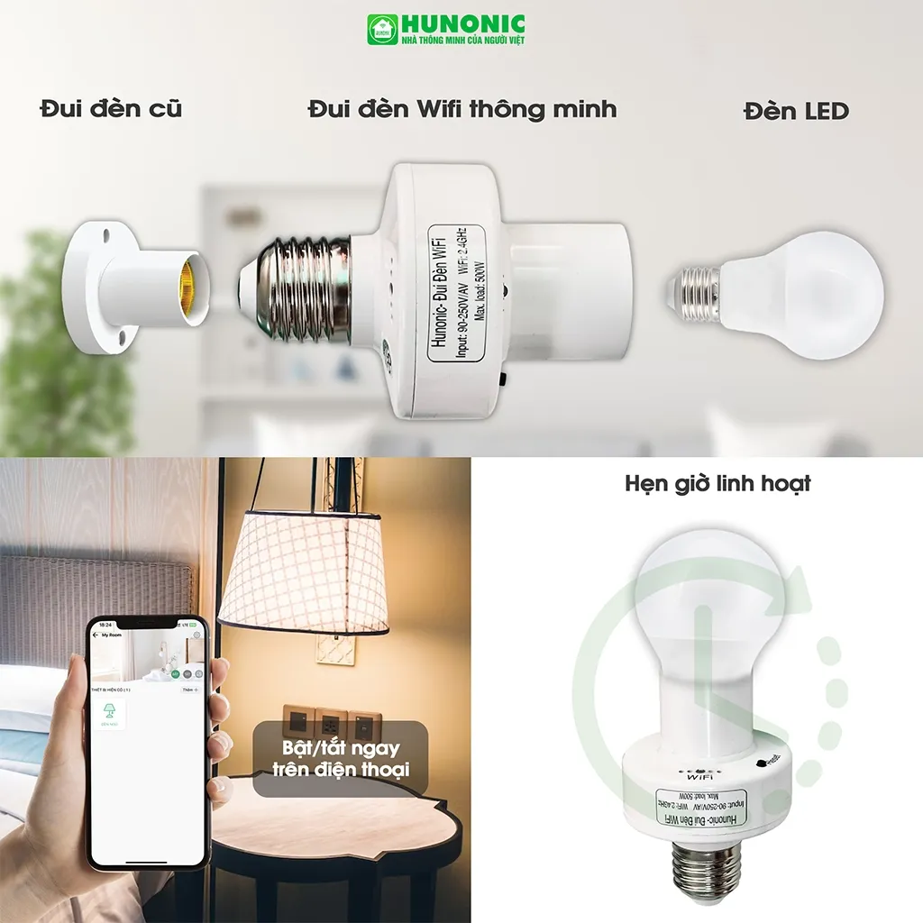 Ảnh Đui Đèn Wifi Hunonic, Hẹn Giờ Tự Động, Điều Khiển Từ Xa Qua Điện Thoại - HNSPWF 3