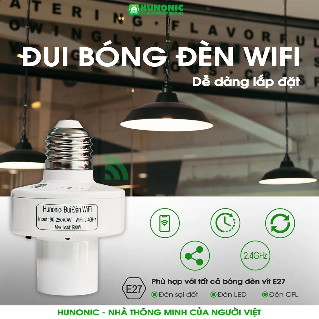 Ảnh Đui Đèn Wifi Hunonic, Hẹn Giờ Tự Động, Điều Khiển Từ Xa Qua Điện Thoại - HNSPWF 4