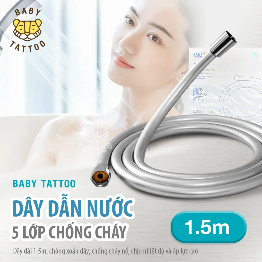 Ảnh Đường Dây Ống Nước, Dây Dẫn Nước Vòi Sen Tắm BABY TATTOO, Thiết Kế 5 Lớp Chống Cháy, Chống Xoắn, Chiều Dài 1.5m 1