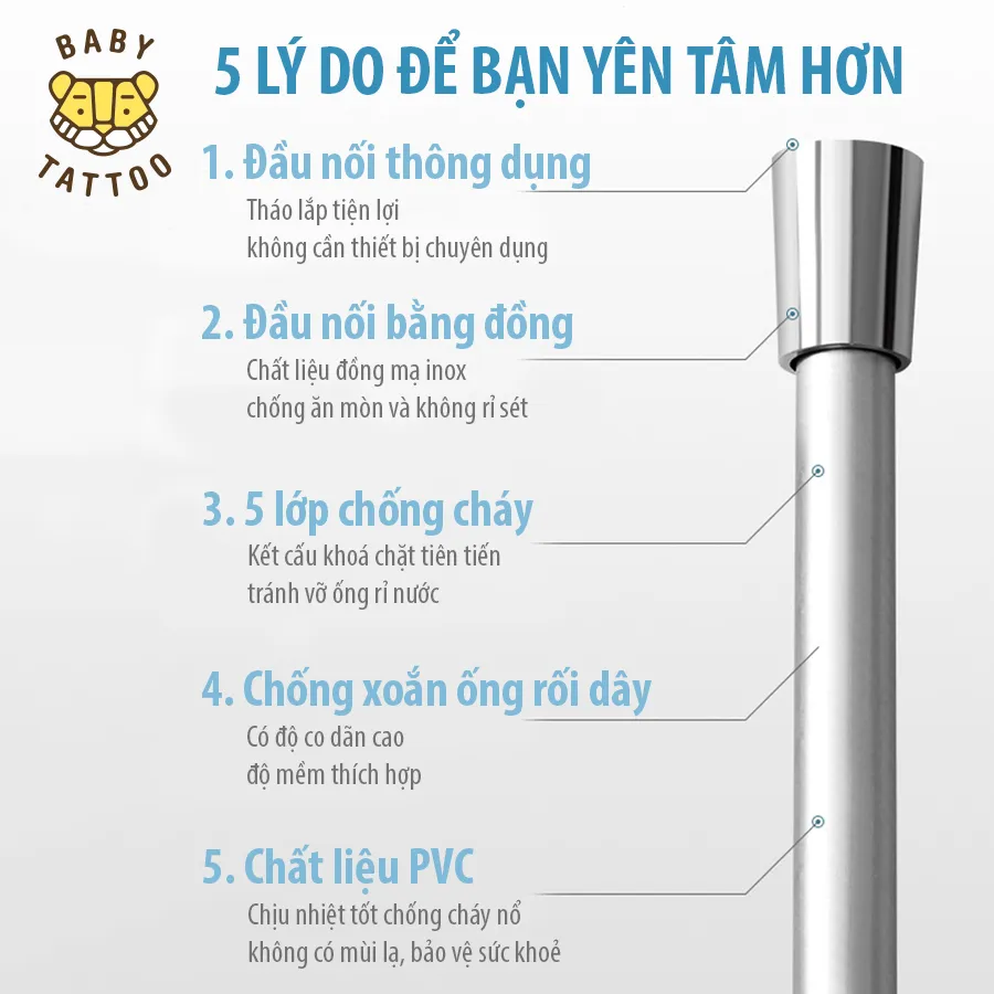 Ảnh Đường Dây Ống Nước, Dây Dẫn Nước Vòi Sen Tắm BABY TATTOO, Thiết Kế 5 Lớp Chống Cháy, Chống Xoắn, Chiều Dài 1.5m 2