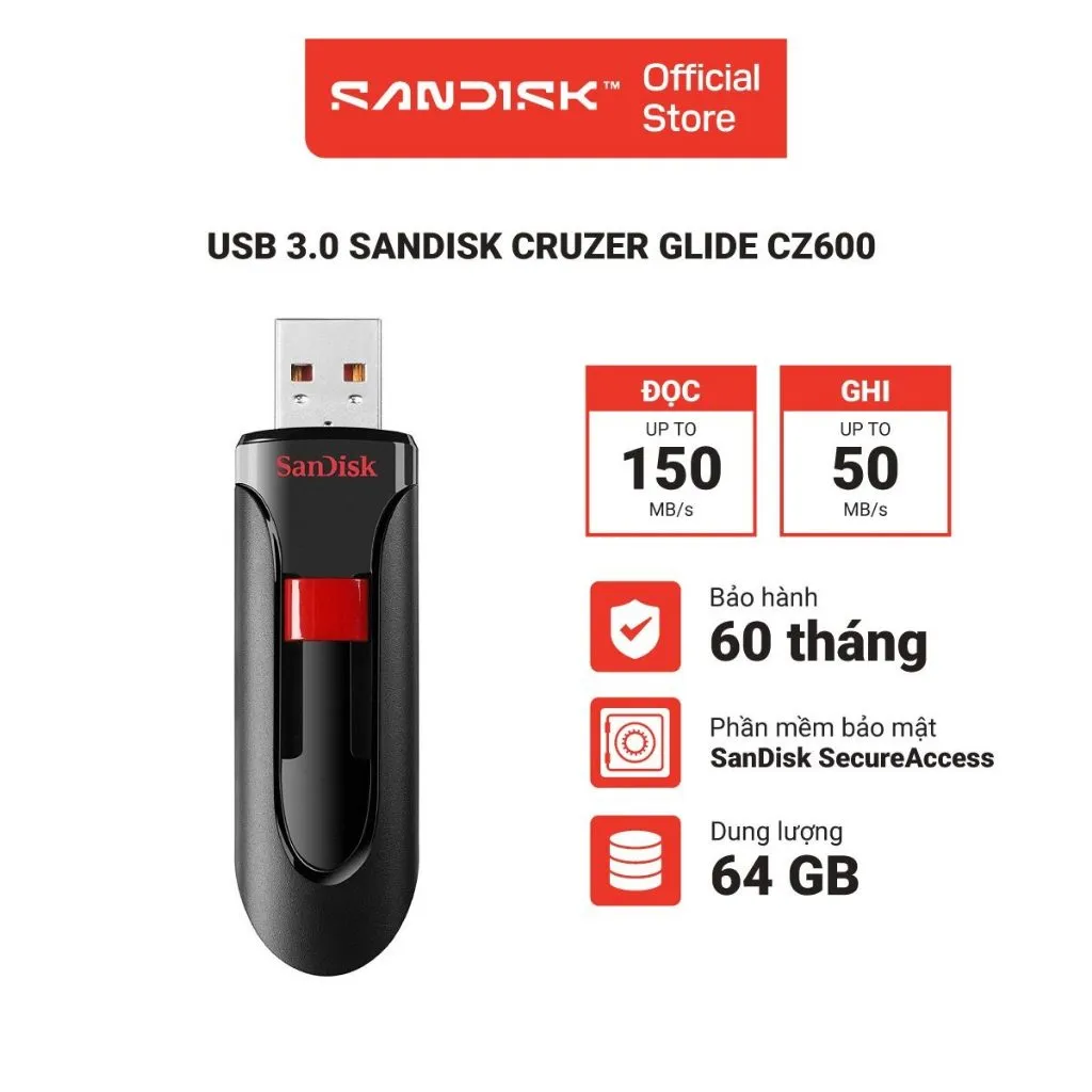 Ảnh USB 3.0 SanDisk Cruzer Glide CZ600 16GB - 32GB - 64GB - Bảo hành chính hãng 1