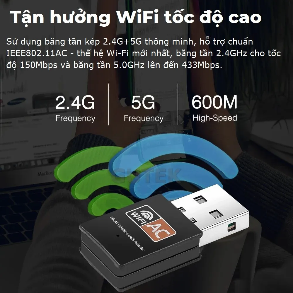 Ảnh USB thu sóng wifi Gutek RE601 600mbps tần số 2.4G 5G cho máy tính pc laptop tốc độ nhanh 2