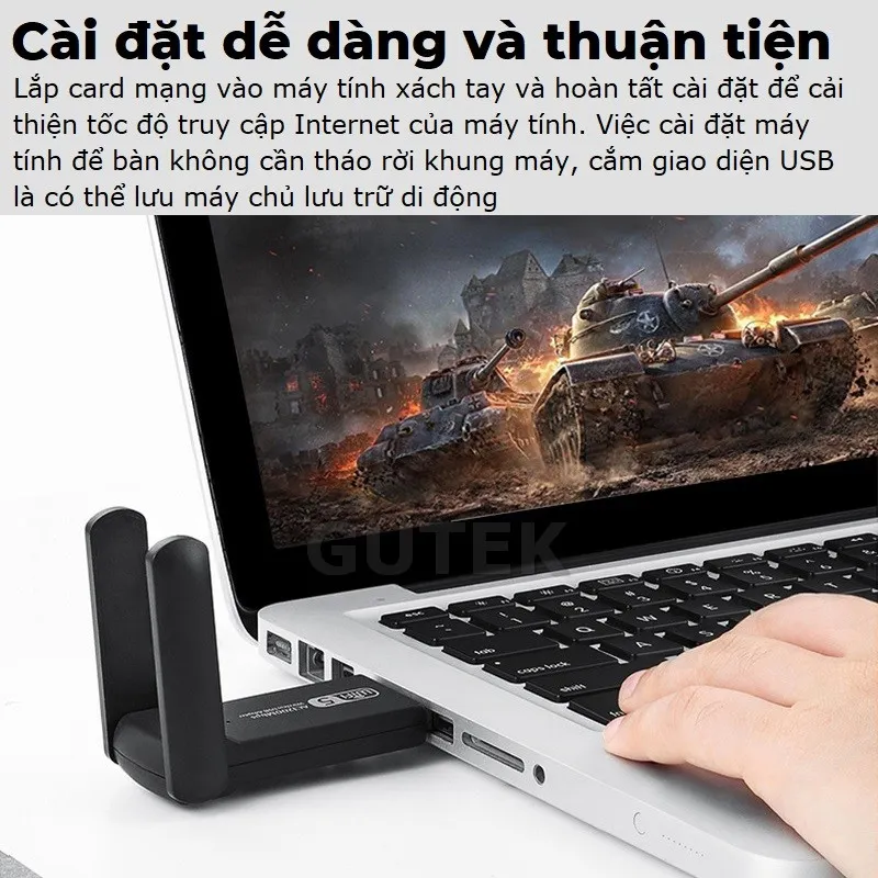 Ảnh USB thu sóng wifi Gutek WD46 1200mbps 2 râu nâng WiFi lên 5G cho máy tính pc laptop tần số 2.4G 5G 1