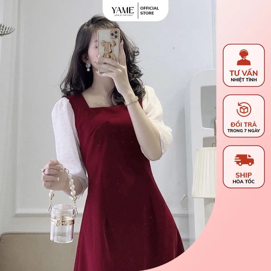 Ảnh Váy đầm nhung đỏ dài tay trắng phối 2 cổ vuông dáng xoè thanh lịch YAME 1