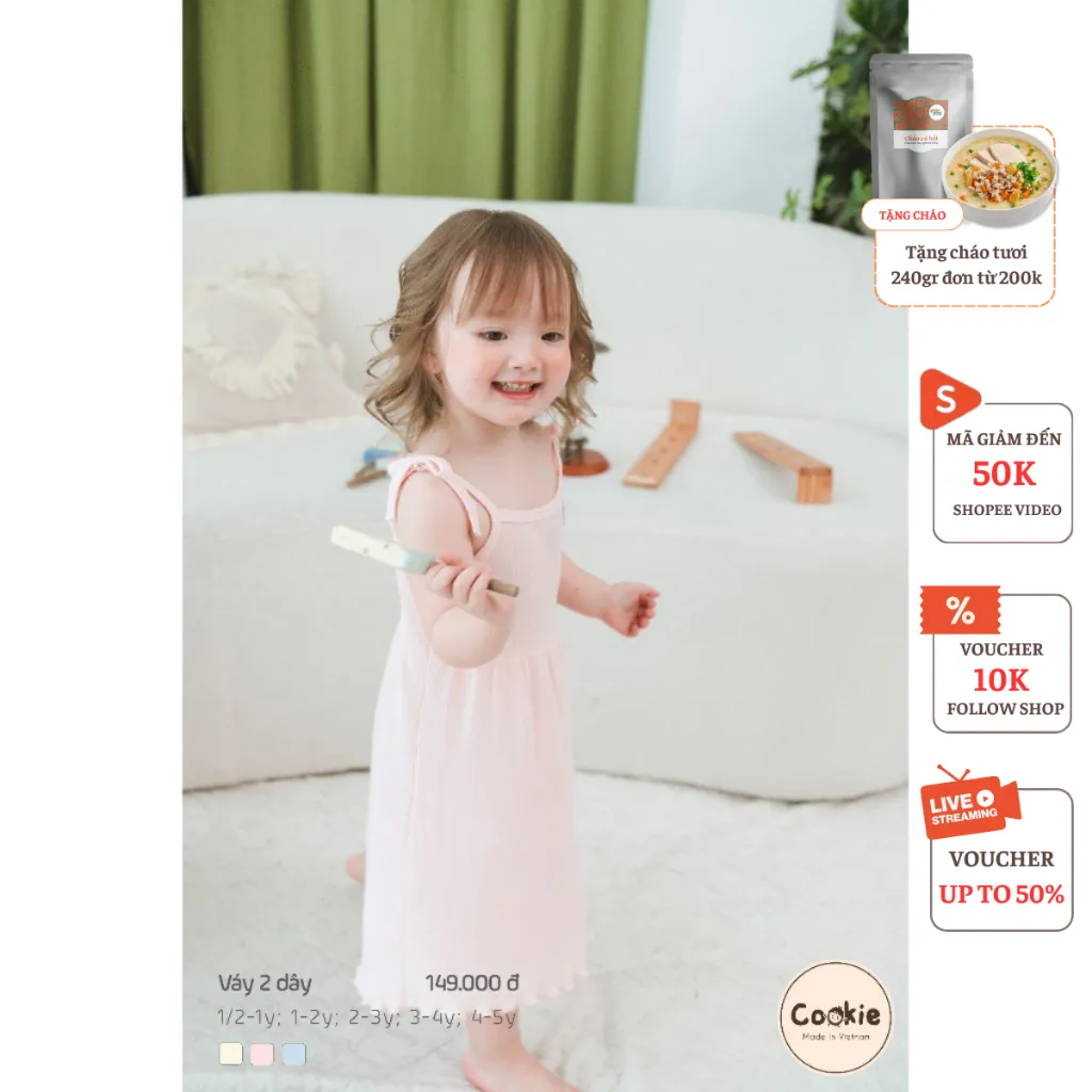 Ảnh Váy Bé Gái COOKIE, Váy Hai Dây Cuốn Bèo Cho Bé Gái Size Từ 6 Tháng Đến 5 Tuổi 3