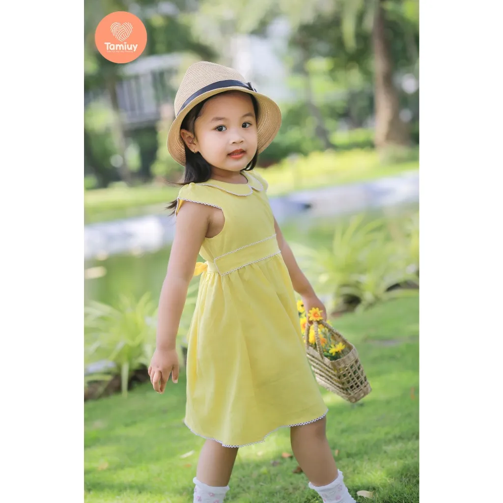 Ảnh Váy Bé Gái Tamiuy Linen, Tay Cánh Tiên, Rode Cổ & Eo Cho Bé Gái Từ 5-10 tuổi 3