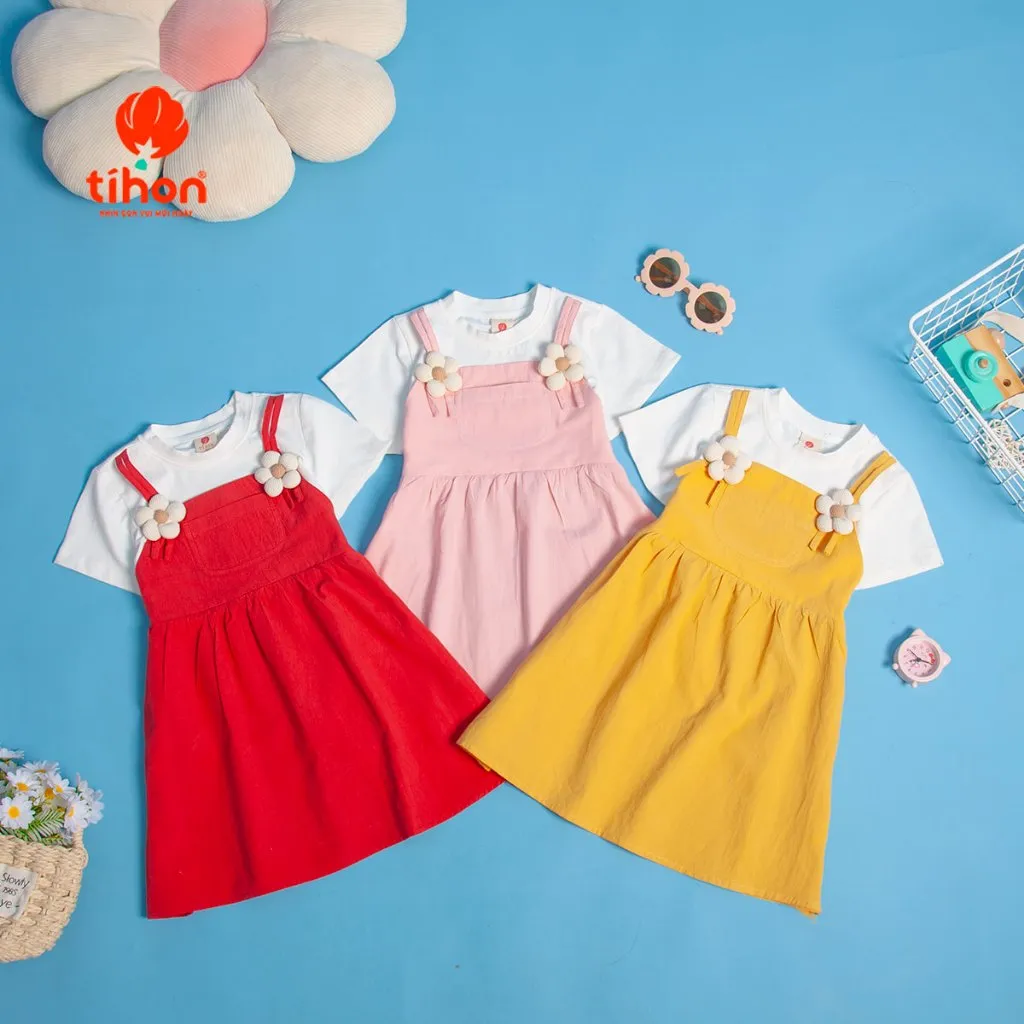 Ảnh Váy bé gái TIHON cao cấp chất liệu cotton phối thô mềm mại thoáng mát đính hoa xinh xắn VT0786100 2