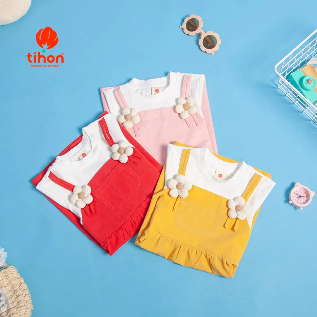 Ảnh Váy bé gái TIHON cao cấp chất liệu cotton phối thô mềm mại thoáng mát đính hoa xinh xắn VT0786100 4