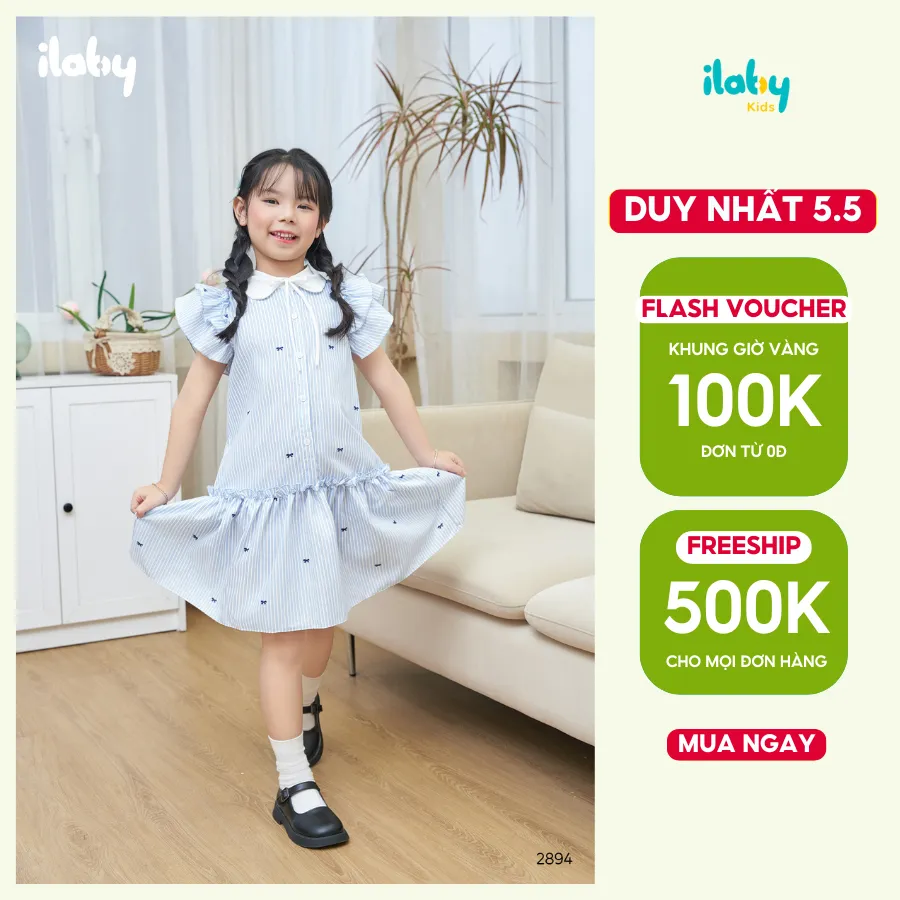 Ảnh Váy cho bé gái ILABY chất thô kẻ in họa tiết nơ tay cánh tiên nhún bèo cổ sen [2894] 1