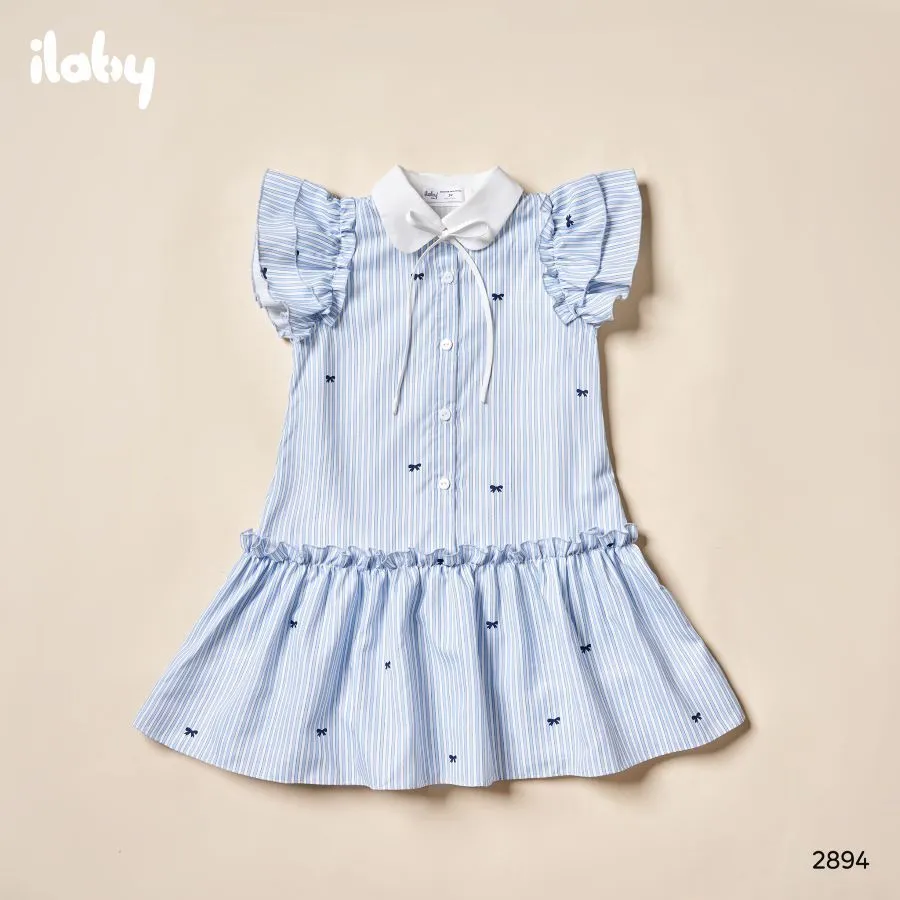Ảnh Váy cho bé gái ILABY chất thô kẻ in họa tiết nơ tay cánh tiên nhún bèo cổ sen [2894] 3