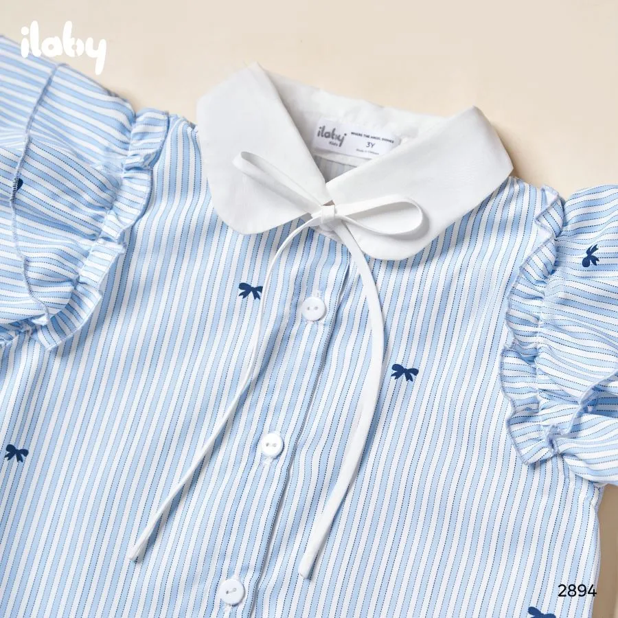 Ảnh Váy cho bé gái ILABY chất thô kẻ in họa tiết nơ tay cánh tiên nhún bèo cổ sen [2894] 4