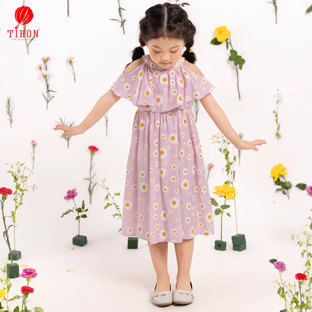 Ảnh Váy cho bé gái TIHON hở vai xinh xắn phong cách Hàn Quốc siêu mềm mát VT0750382 2