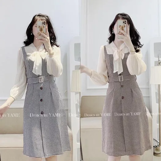 Ảnh Váy dạ 2 lớp tay áo voan tơ mềm kèm đai belt màu nâu, xanh đen Chubby Dress YAME 2