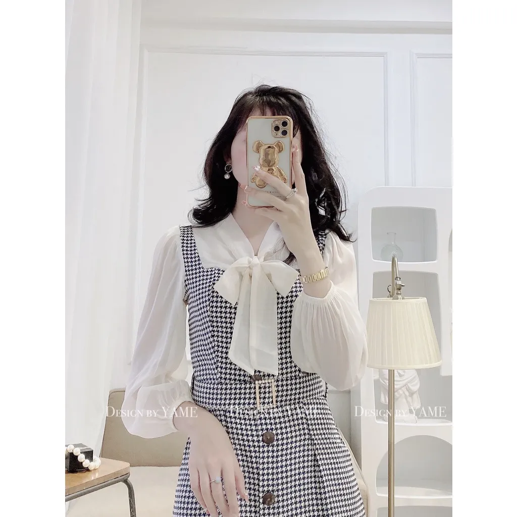 Ảnh Váy dạ 2 lớp tay áo voan tơ mềm kèm đai belt màu nâu, xanh đen Chubby Dress YAME 4