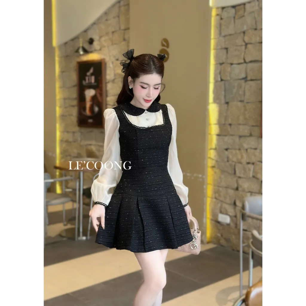 Ảnh Váy Dạ Tweed Dáng Ngắn Phối Voan Tơ  LECOONG V696 Đầm ĐẹpTiểu Thư Màu Be Đen Xanh Đỏ 4