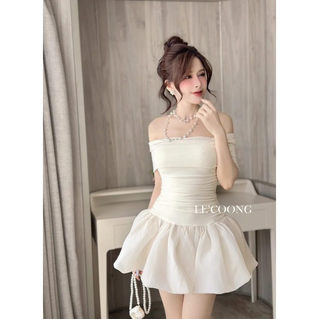 Ảnh Váy Đẹp Dáng Ngắn Chân Váy Bí LECOONG V617 Đầm Tiểu Thư Trễ Vai 2