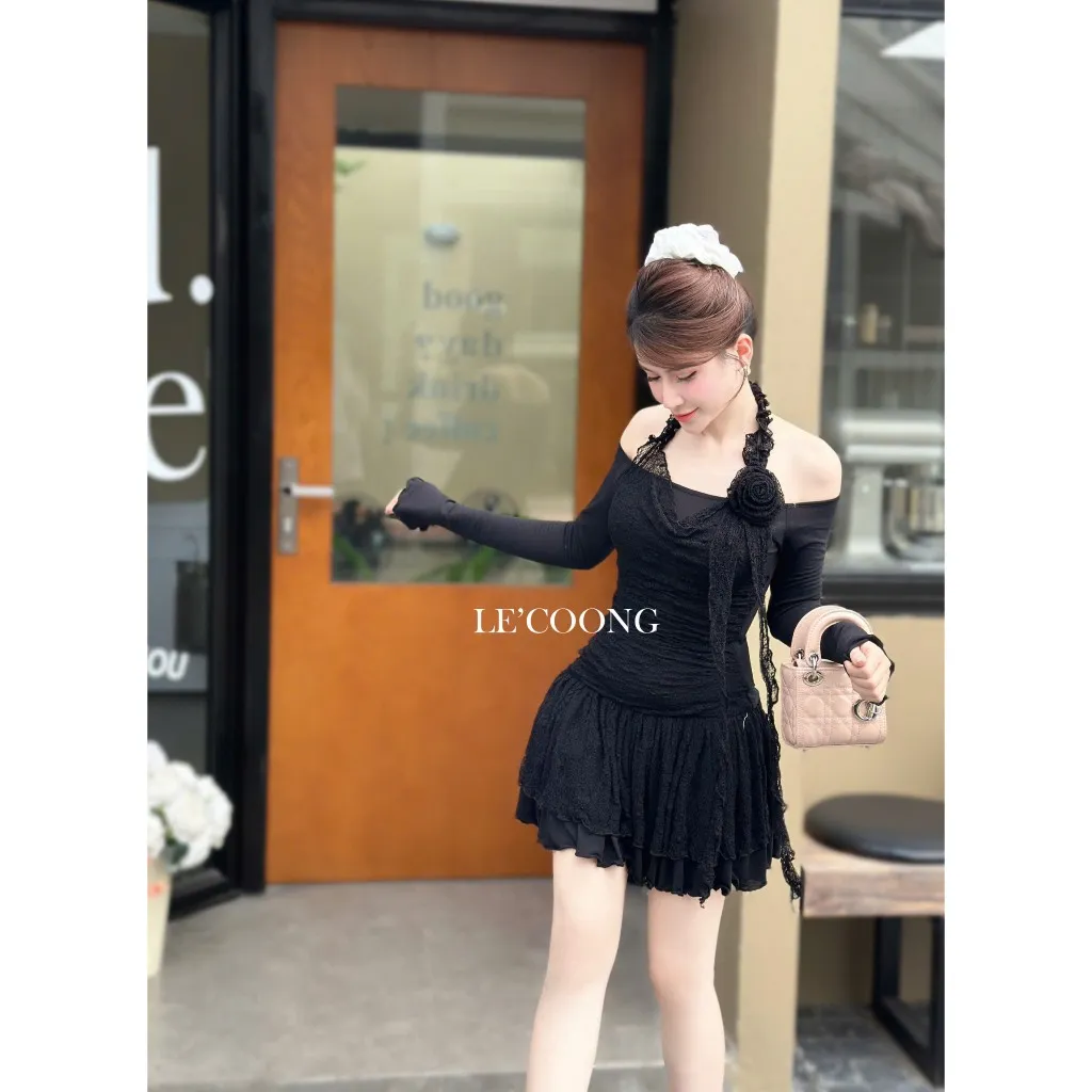 Ảnh Váy Đẹp Dáng Ngắn Phối Ren Xếp Tầng LECOONG V676 Đầm Tiểu Thư Trễ Vai Màu Be Đen 2