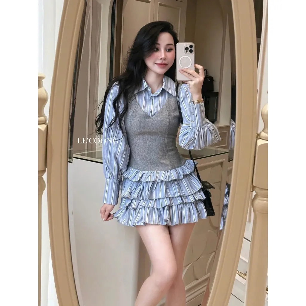 Ảnh Váy Đẹp Dáng Ngắn Xếp Tầng LECOONG V745 Đầm Tiểu Thư Màu Xanh Phối Gile Sang Chảnh 3
