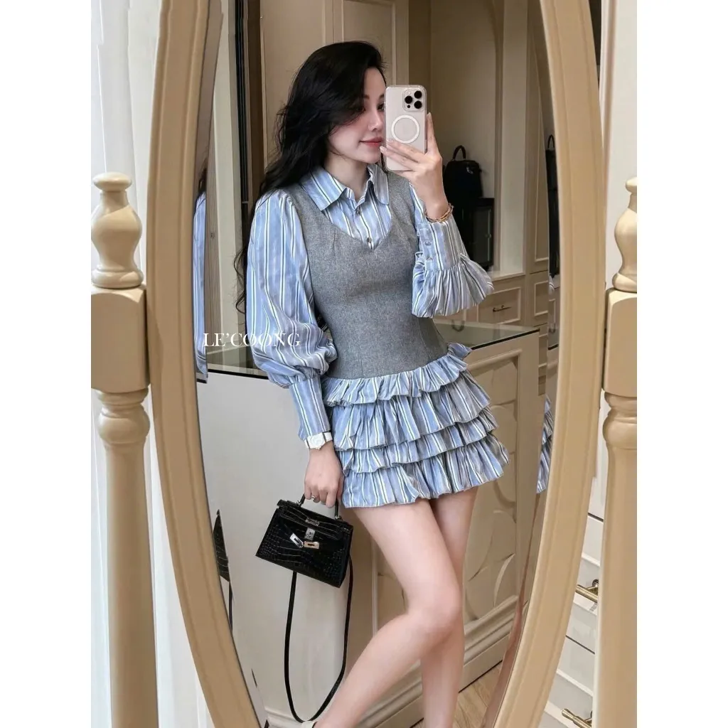 Ảnh Váy Đẹp Dáng Ngắn Xếp Tầng LECOONG V745 Đầm Tiểu Thư Màu Xanh Phối Gile Sang Chảnh 4