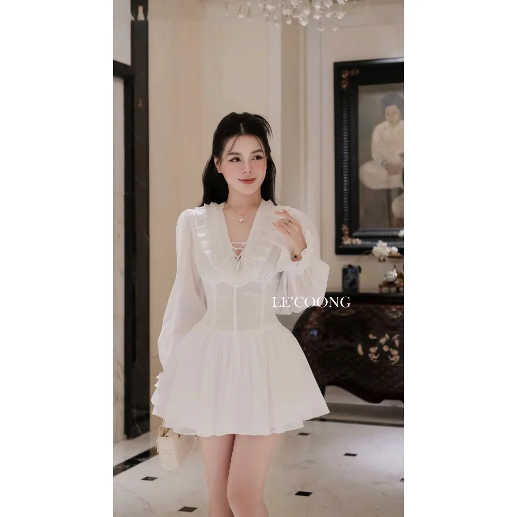 Ảnh Váy Đẹp Dáng Ngắn Xòe Bồng  Phối Ren LECOONG V659 Đầm Tiểu Thư Sang Chảnh 2