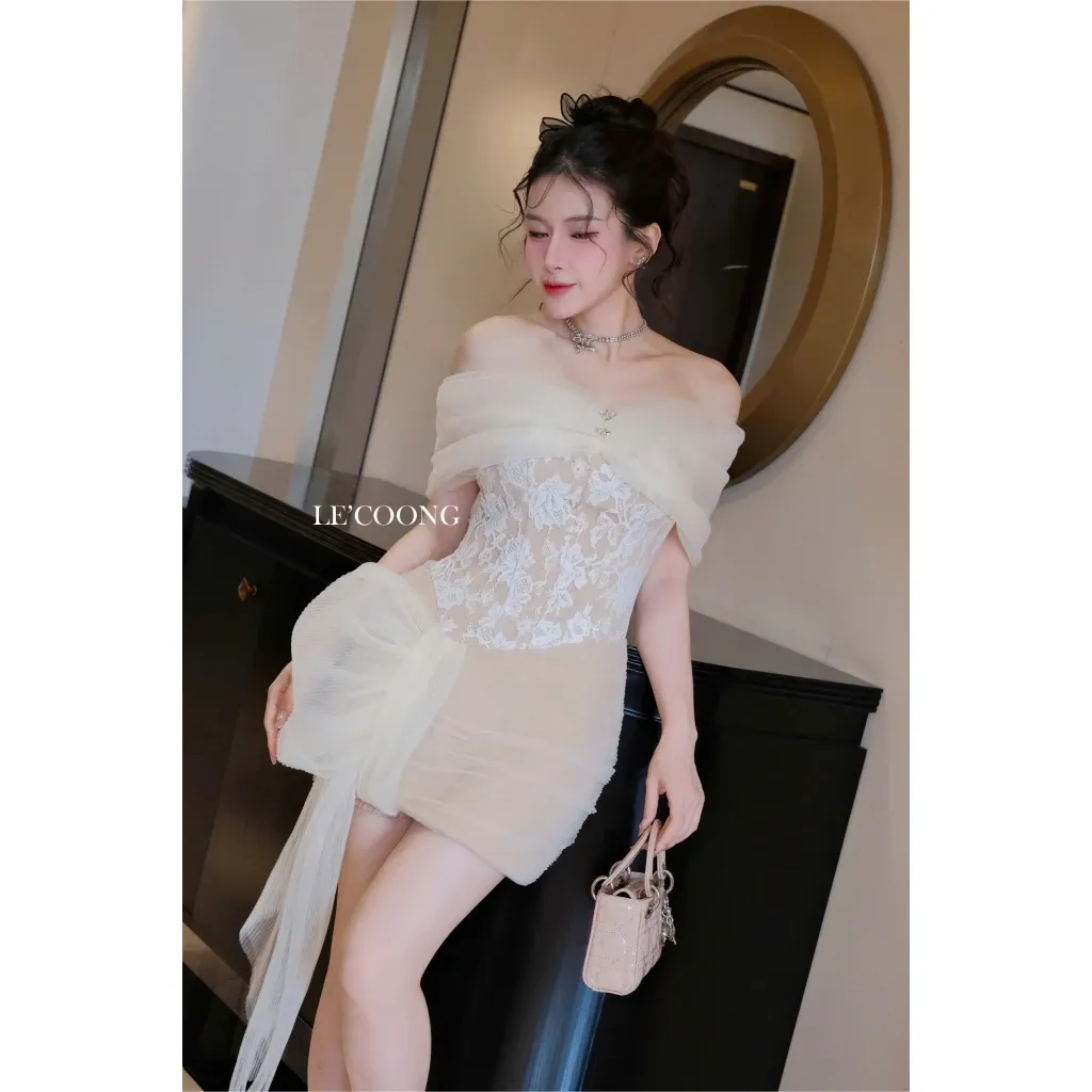 Ảnh Váy Đẹp Trễ Vai Phối Voan Tơ Đính Đá LECOONG V773 Đầm Tiểu Thư Màu Nâu Đen Đi Tiệc Sang Chảnh 2