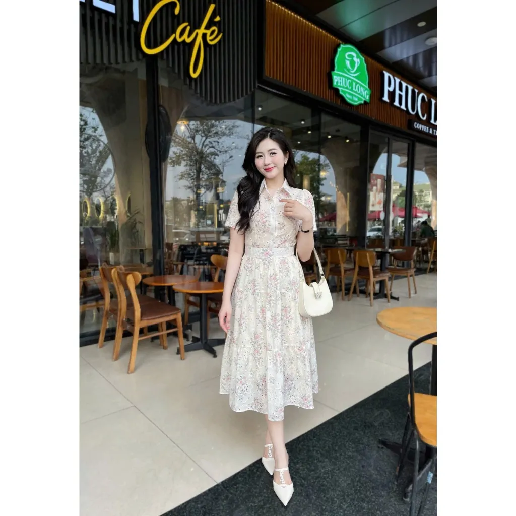 Ảnh Váy Hoa Cổ Đức Mã 278 Kiểu Dáng Xòe, Phối Cúc, Vải Thô Boil Mềm Mát Kiểu Dáng Thanh Lịch 3