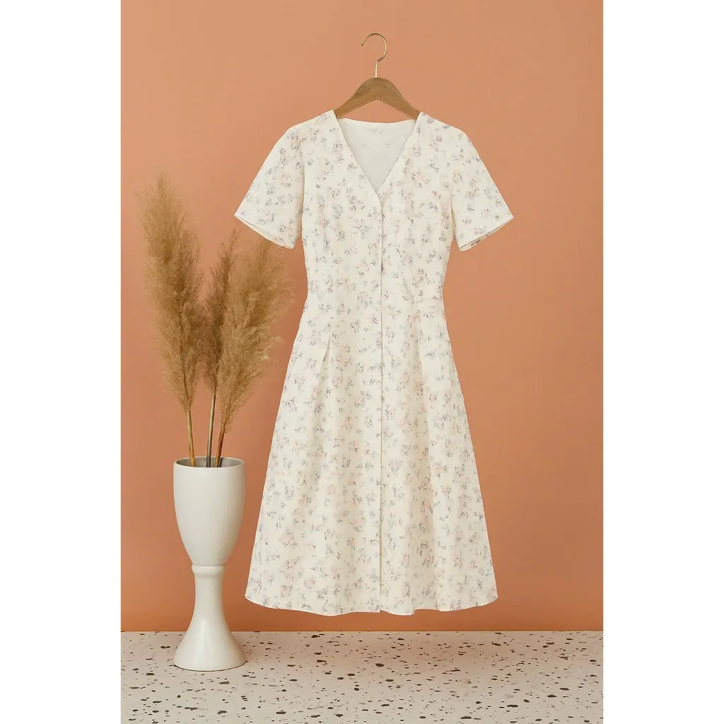 Ảnh Váy hoa nhí tay ngắn cổ V V2025281 dáng xòe nữ tính - Đầm hoa vintage công sở đi chơi, đi làm 1