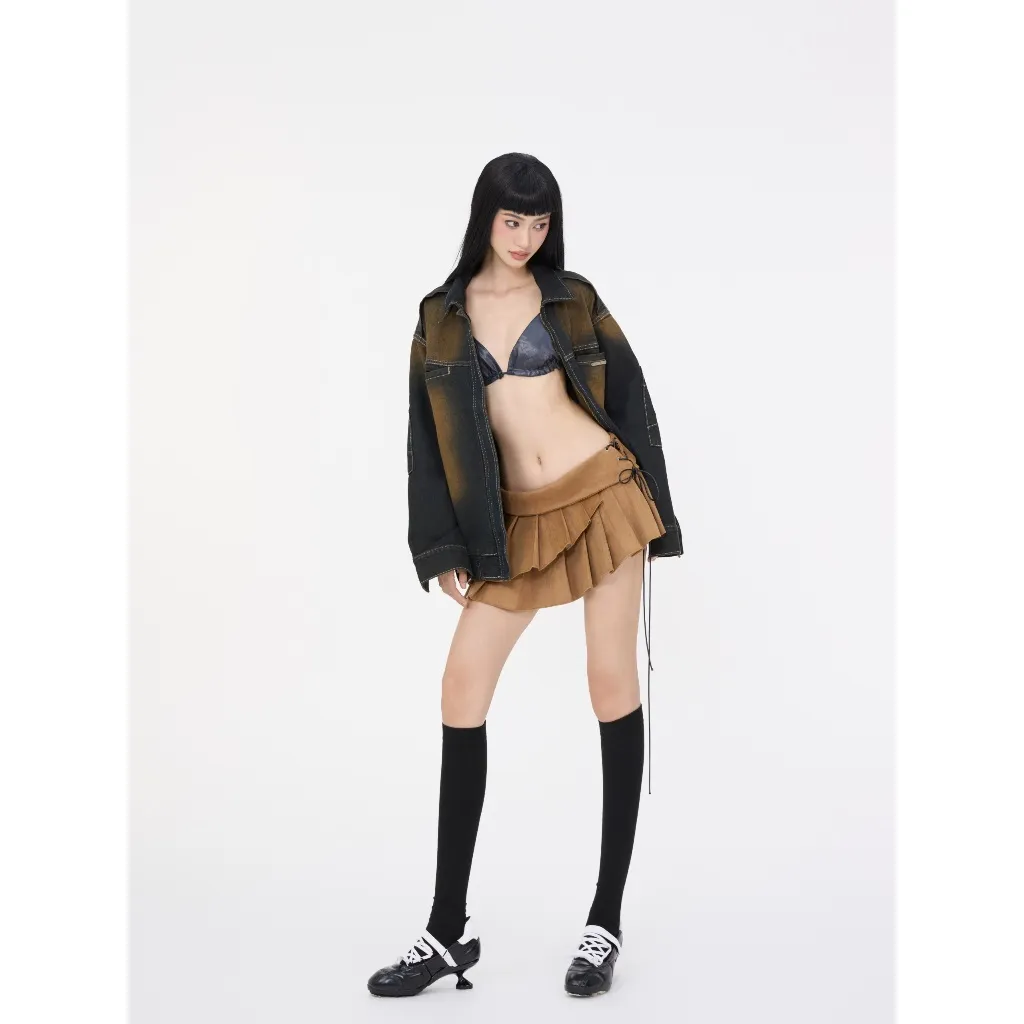 Ảnh Váy Ngắn Nữ Xếp Ly Vải Da Lộn Màu Nâu - Brand TSUN Chính Hãng - Pleated Leather Mini Skirt 2