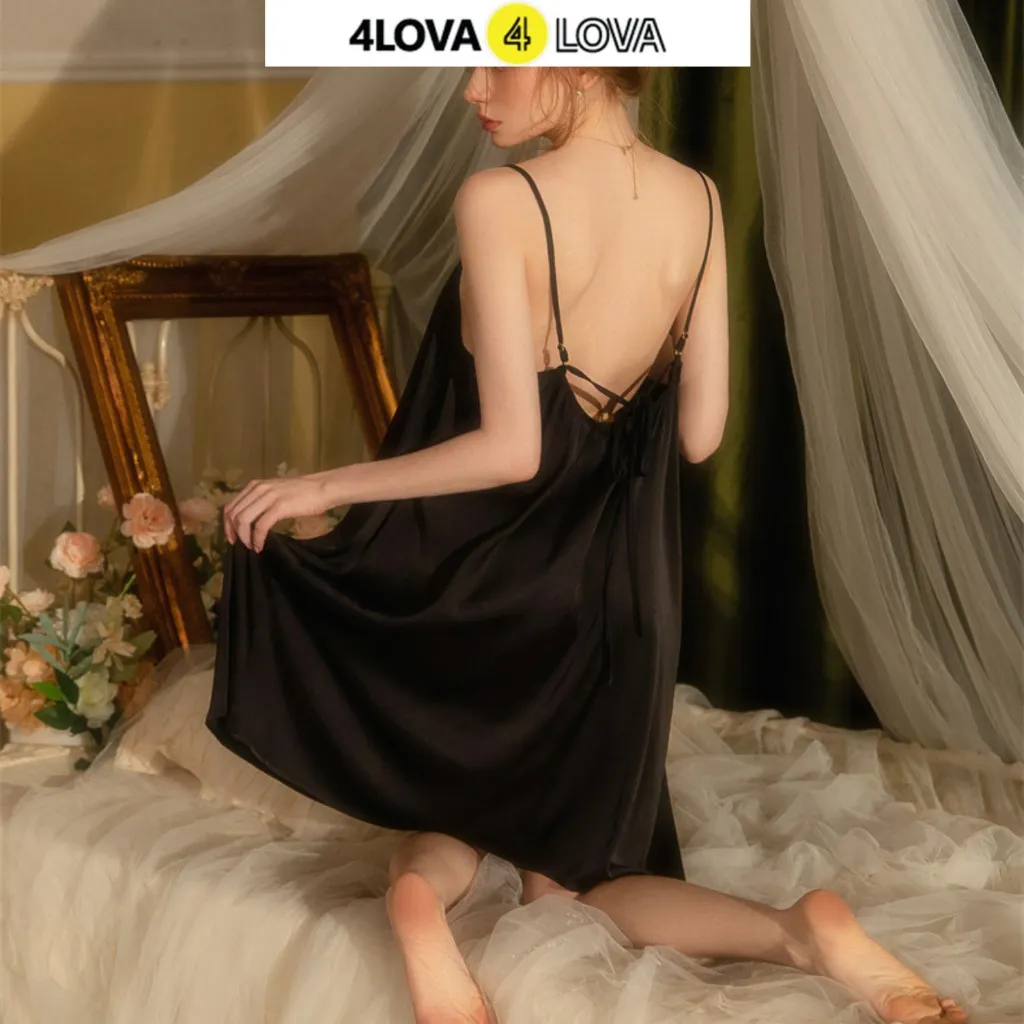 Ảnh Váy Ngủ 2 Dây Lụa Satin 4LOVA Cao Cấp Dáng Suông Buộc Nơ Lưng EVA130 2