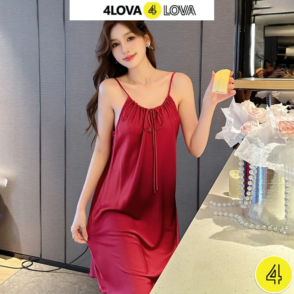 Ảnh Váy ngủ 2 dây nơ ngực 4LOVA  đẹp quyến rũ chất lụa trơn Satin mềm mịn - Váy ngủ Dahlia - EVA0161 3