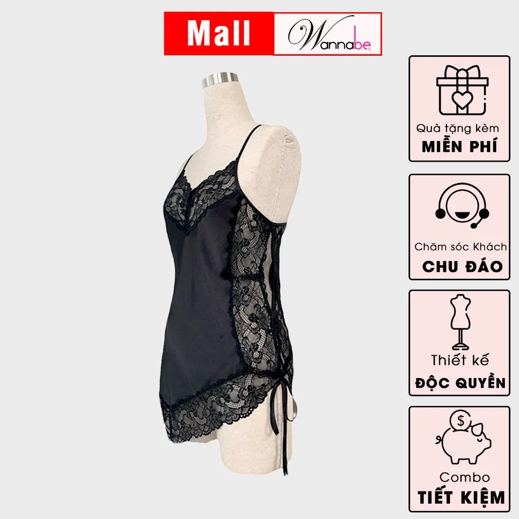 Ảnh Váy ngủ lụa phối ren Nhật WANNABE đầm ngủ lai ren xéo vạt ngắn quyến rũ gợi cảm DNS15 2