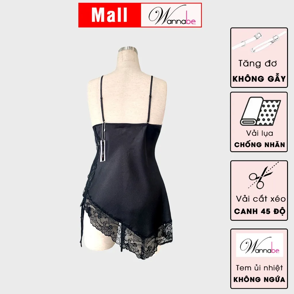 Ảnh Váy ngủ lụa phối ren Nhật WANNABE đầm ngủ lai ren xéo vạt ngắn quyến rũ gợi cảm DNS15 3