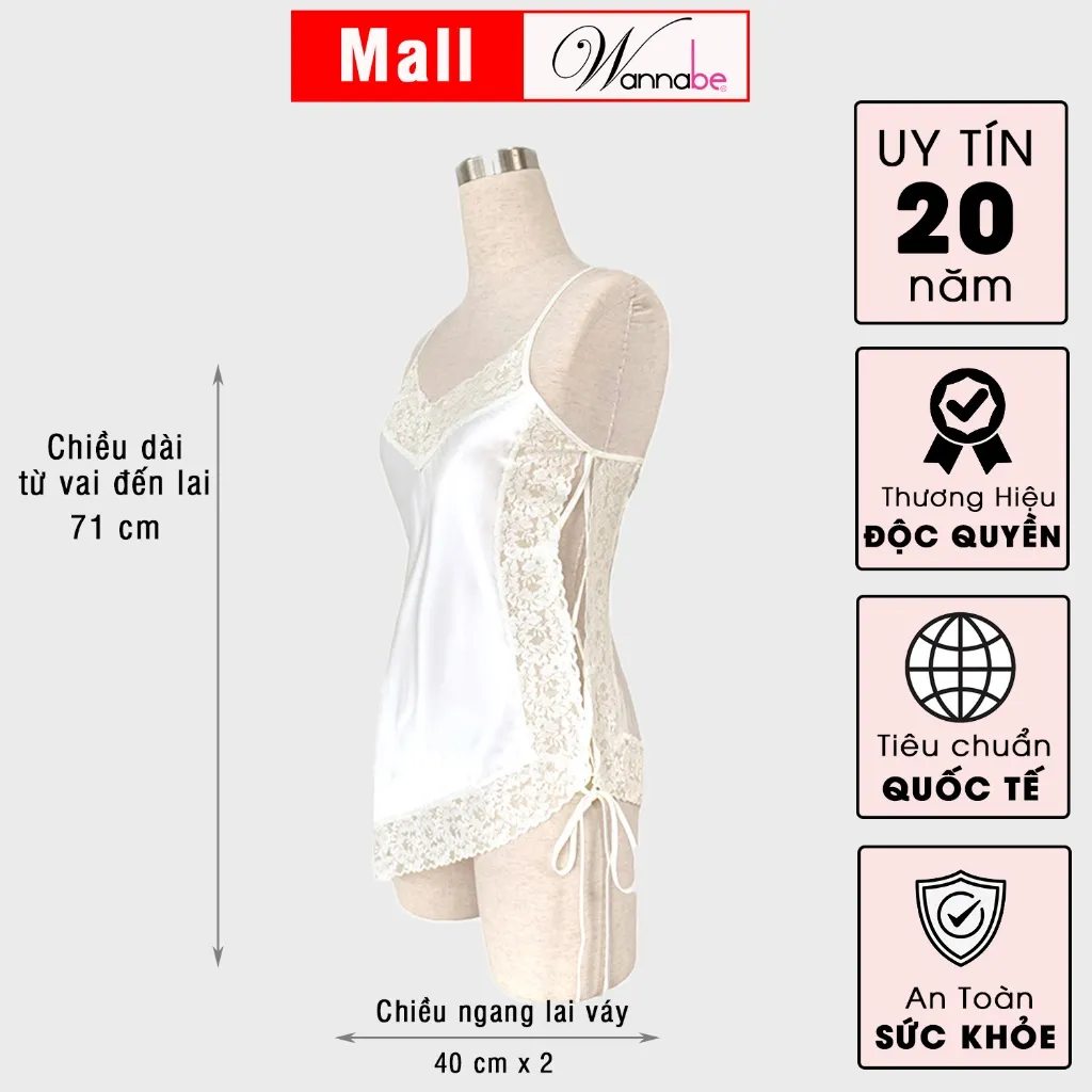 Ảnh Váy ngủ lụa phối ren Nhật WANNABE đầm ngủ lai ren xéo vạt ngắn quyến rũ gợi cảm DNS15 4