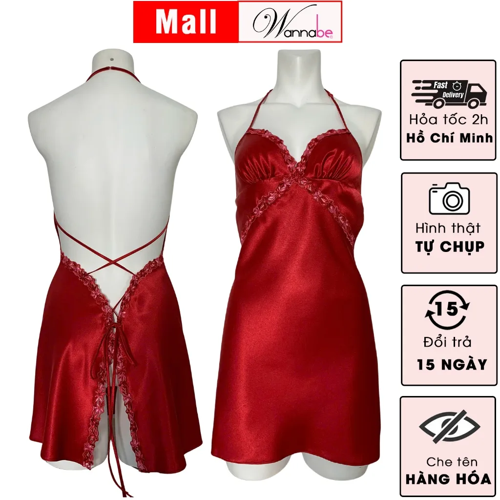Ảnh Váy ngủ nữ sexy WANNABE đầm ngủ lụa cut-out eo mông đan dây lưng x nóng bỏng tự do thắt mở dây DNS18 3