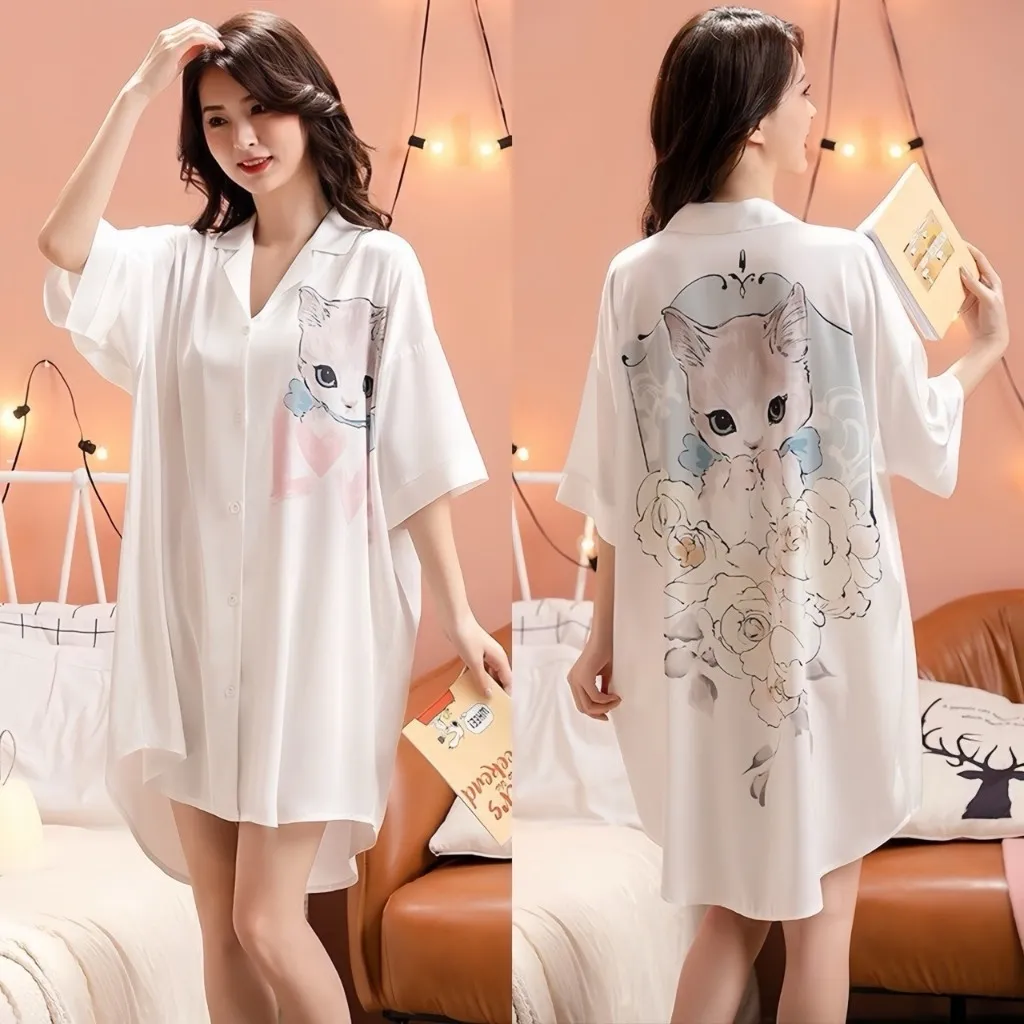 Ảnh Váy ngủ sơ mi lụa Latin Hisexy đầm mặc nhà suông rộng thoải mái in hình cao cấp SM16 1