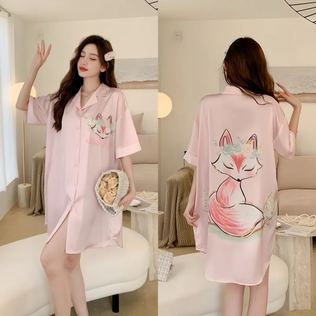Ảnh Váy ngủ sơ mi lụa Latin Hisexy đầm mặc nhà suông rộng thoải mái in hình cao cấp SM16 2