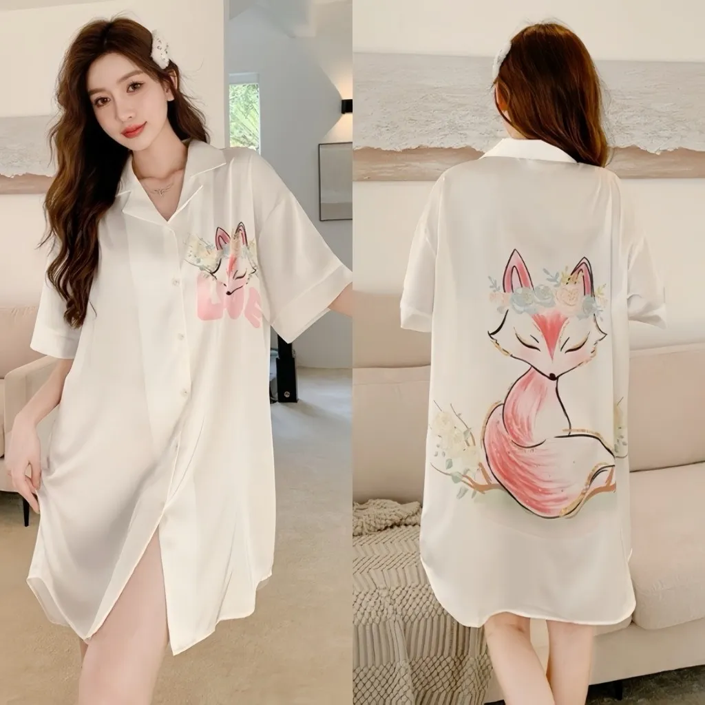 Ảnh Váy ngủ sơ mi lụa Latin Hisexy đầm mặc nhà suông rộng thoải mái in hình cao cấp SM16 3
