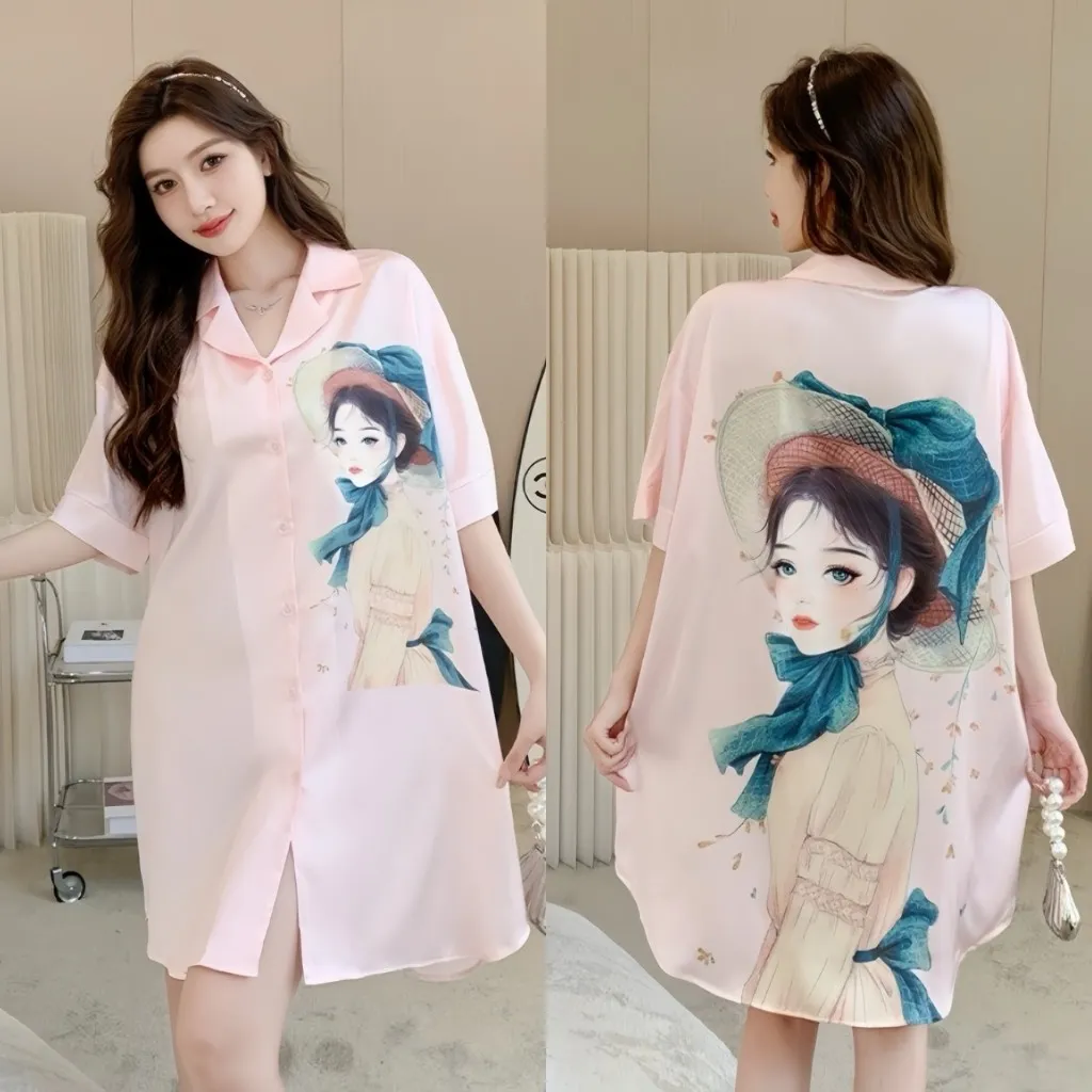 Ảnh Váy ngủ sơ mi lụa Latin Hisexy đầm mặc nhà suông rộng thoải mái in hình cao cấp SM16 4