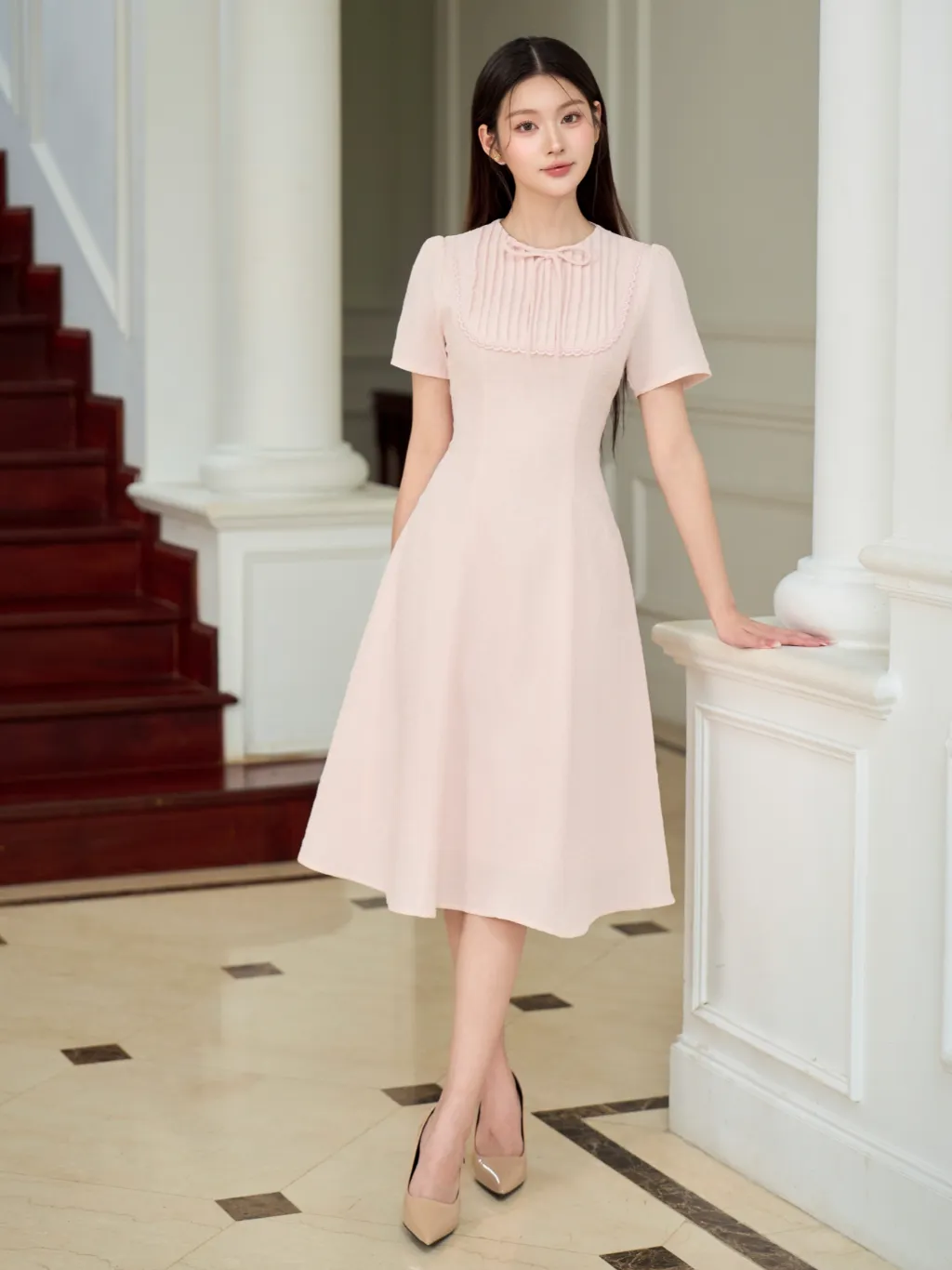 Ảnh Váy nữ dài dáng xòe ngắn tay cổ tròn nhiều màu xếp ly ngực viền ren đính nơ trang trí YAME YV649 1