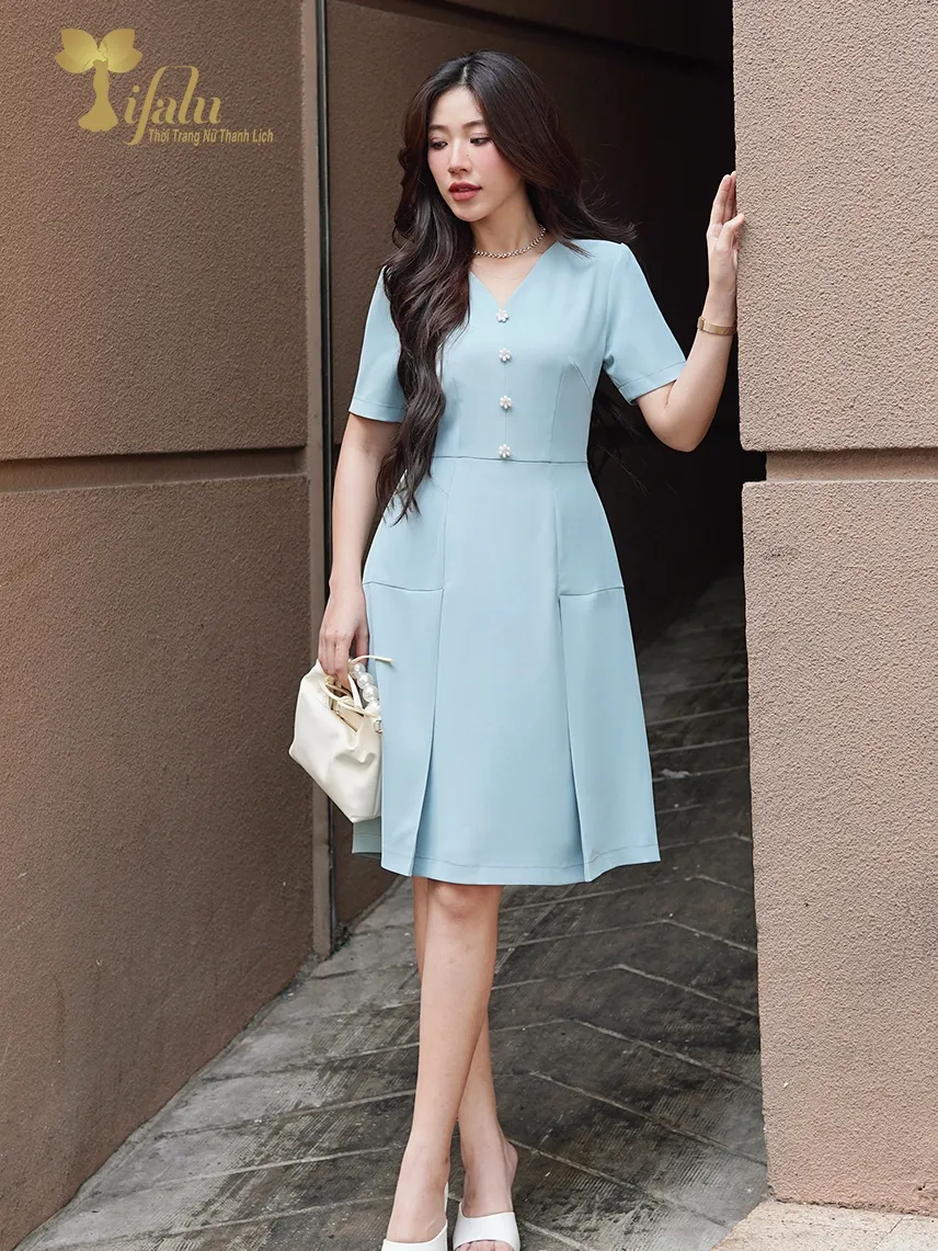 Ảnh Váy nữ, Đầm chữ A cổ V đính cúc công sở, dự tiệc thanh lịch - ZOL415BLUE 2