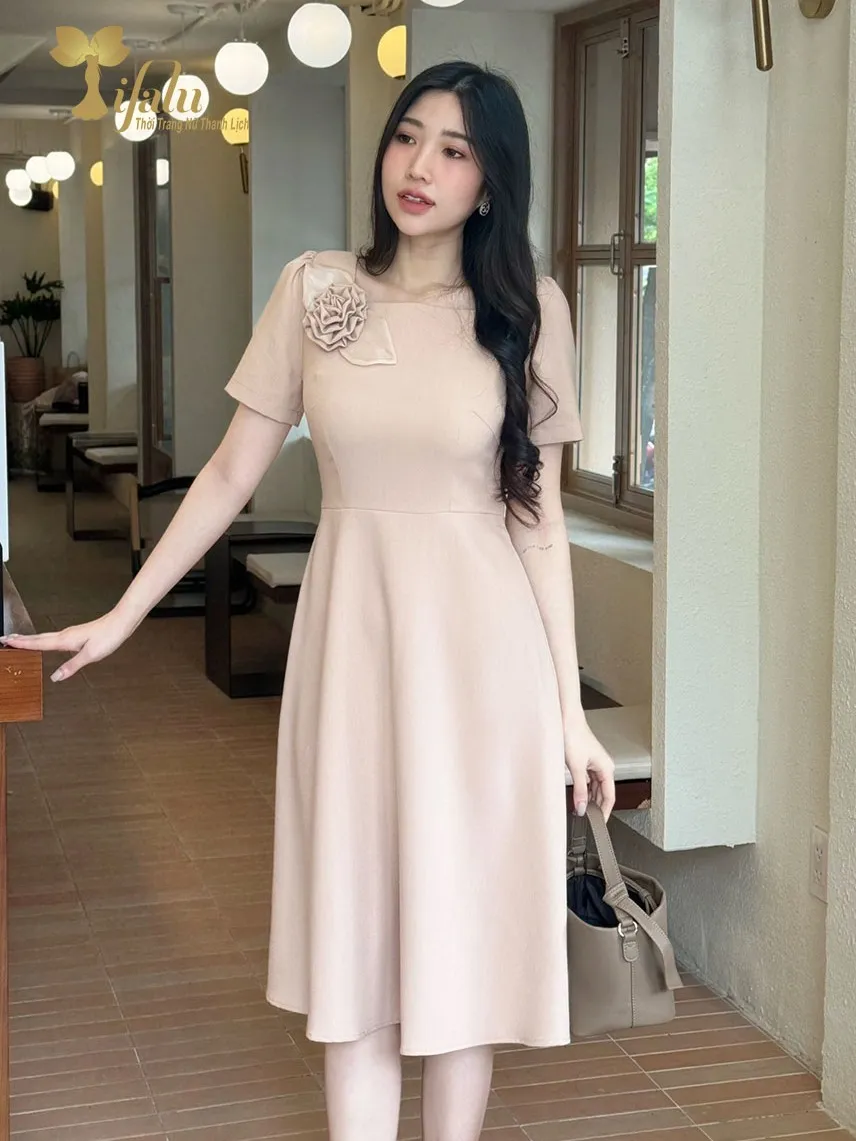 Ảnh Váy nữ đầm thiết kế Zol by TIFALU dáng xòe trẻ trung chất chéo Hàn - ZOL407NUDE 4