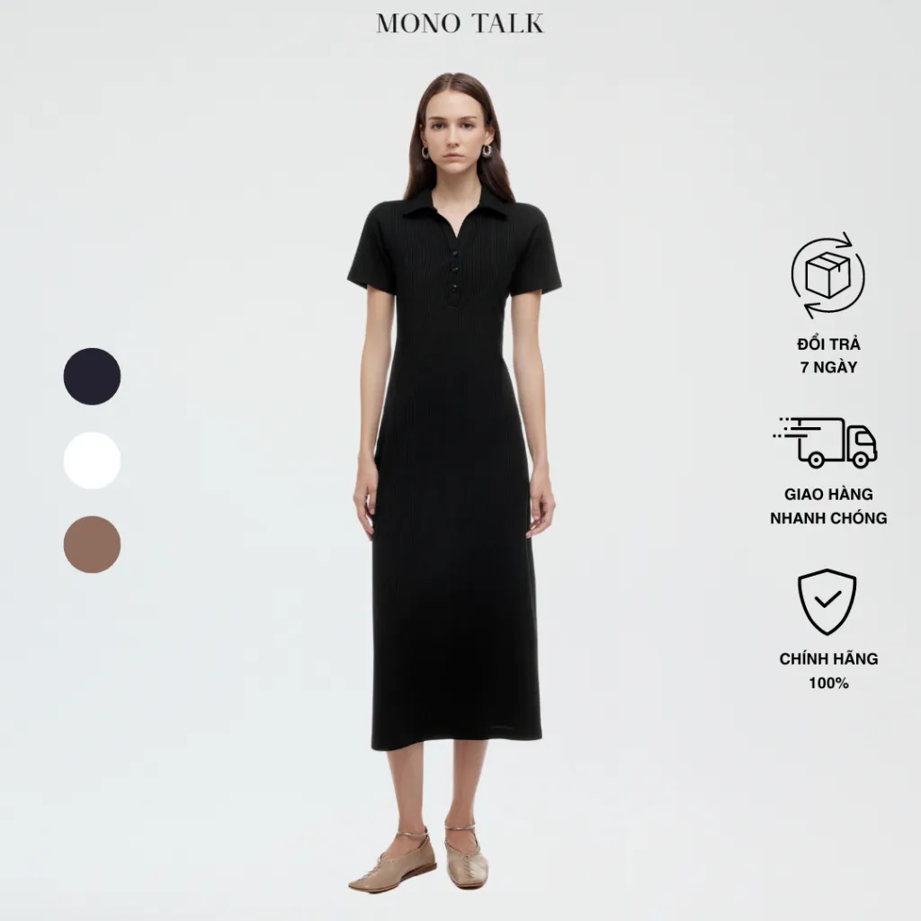Ảnh Váy Polo ôm body MONO TALK dáng dài cổ polo đính cúc trang trí váy The Ribbed Polo Dress O10001FT 1