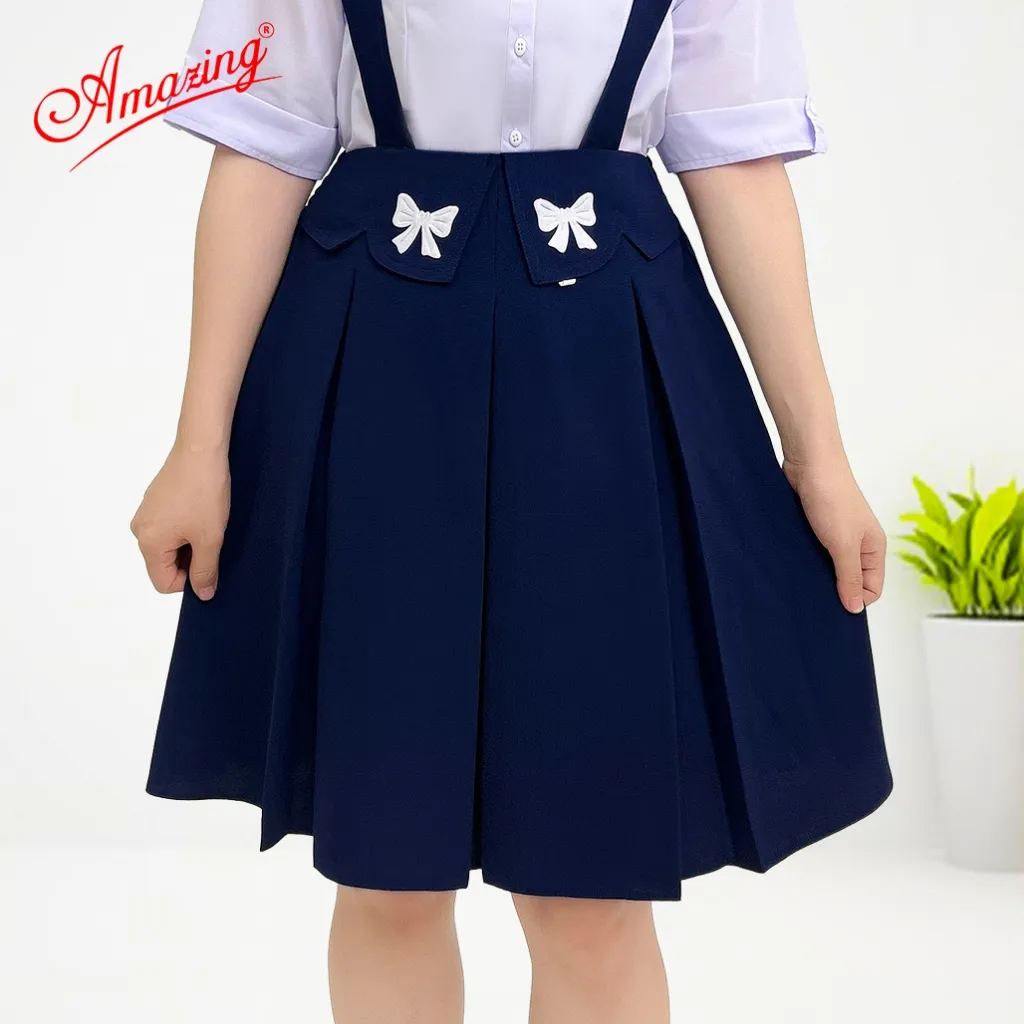 Ảnh Váy rời bé gái đi học màu xanh, lưng thun phía sau, có dây và không dây, vải lụa gân, Amazing 4