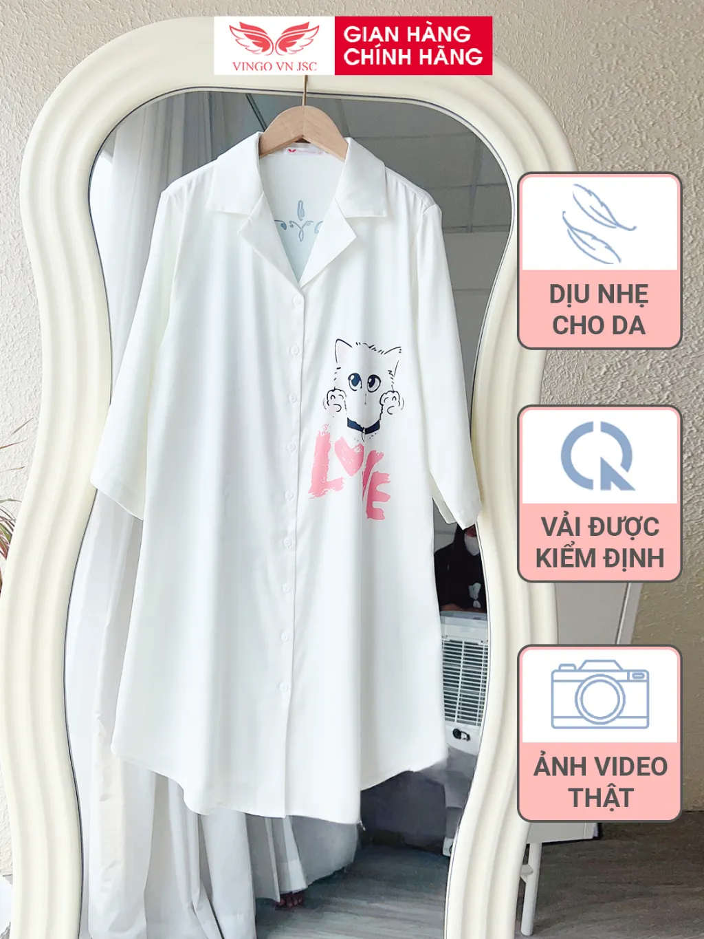 Ảnh Váy sơ mi dáng dài lụa Pháp màu trắng mặc mùa Hè VINGO N451 - N484 VNGO 1
