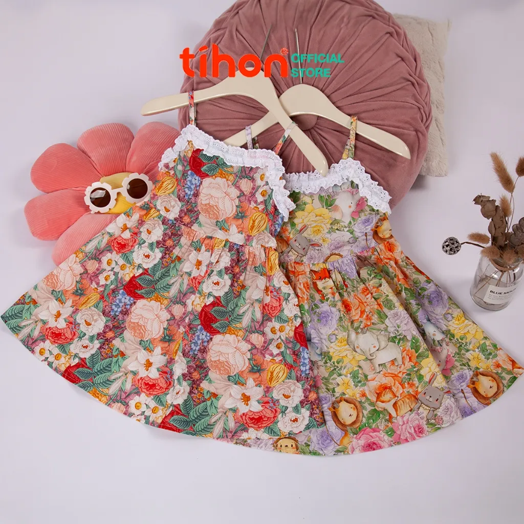 Ảnh Váy tiểu thư cho bé gái TIHON chất liệu thô thoáng mát họa tiết siêu xinh phối ren cho bé VT0786083 1